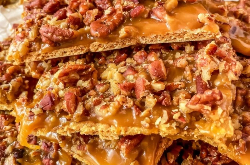 Delicious easy pecan cracker toffee on a plate ready to serve