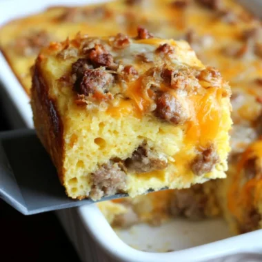 Delicious sausage cornbread casserole with eggs, cheese, and herbs