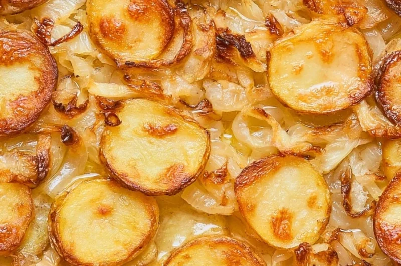 Baked potatoes with onions served at a family gathering, recipe from 1952.