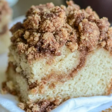 Delicious cinnamon coffee cake topped with crunchy crumb topping.