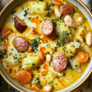 A bowl of Kielbasa Potato Soup topped with fresh herbs and served with crusty bread.