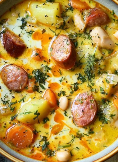 A bowl of Kielbasa Potato Soup topped with fresh herbs and served with crusty bread.
