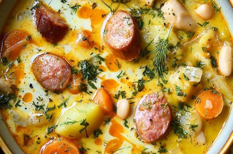 A bowl of Kielbasa Potato Soup topped with fresh herbs and served with crusty bread.