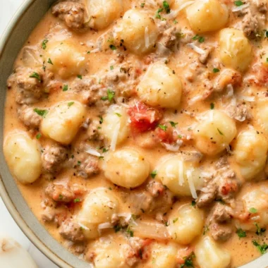 One Pan Ground Beef Gnocchi dish with fresh herbs and cheese
