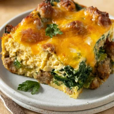Keto breakfast casserole with sausage, eggs, spinach, and cream cheese in a baking dish.