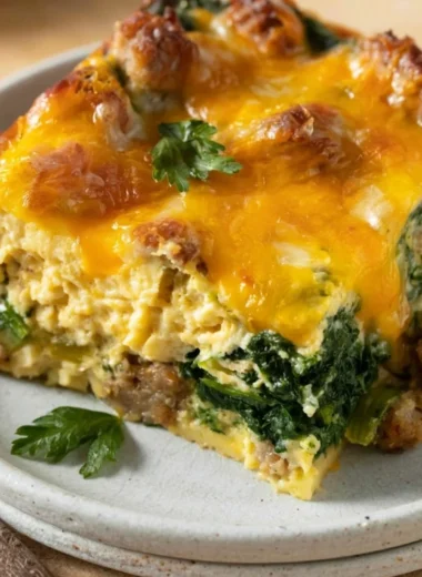 Keto breakfast casserole with sausage, eggs, spinach, and cream cheese in a baking dish.