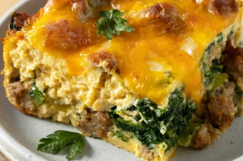 Keto breakfast casserole with sausage, eggs, spinach, and cream cheese in a baking dish.