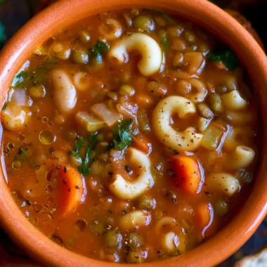 A bowl of vegan minestrone soup filled with lentils and fresh vegetables