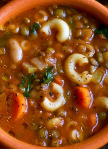 A bowl of vegan minestrone soup filled with lentils and fresh vegetables