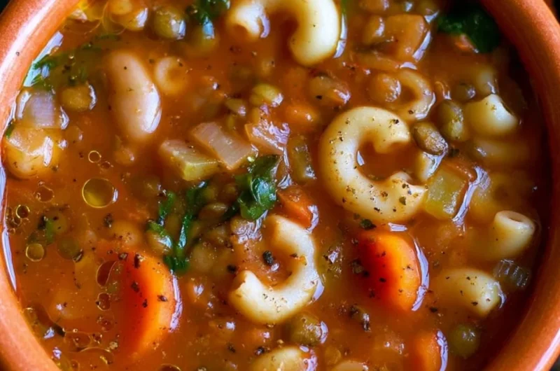 A bowl of vegan minestrone soup filled with lentils and fresh vegetables